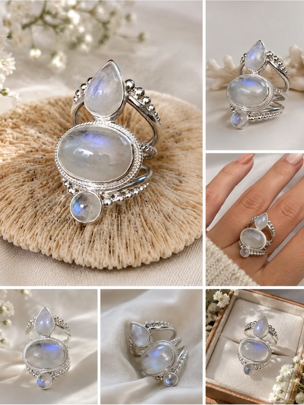 Rainbow Moonstone Boho Chunky Statement Ring Mystic Cottagecore Fairycore Boho